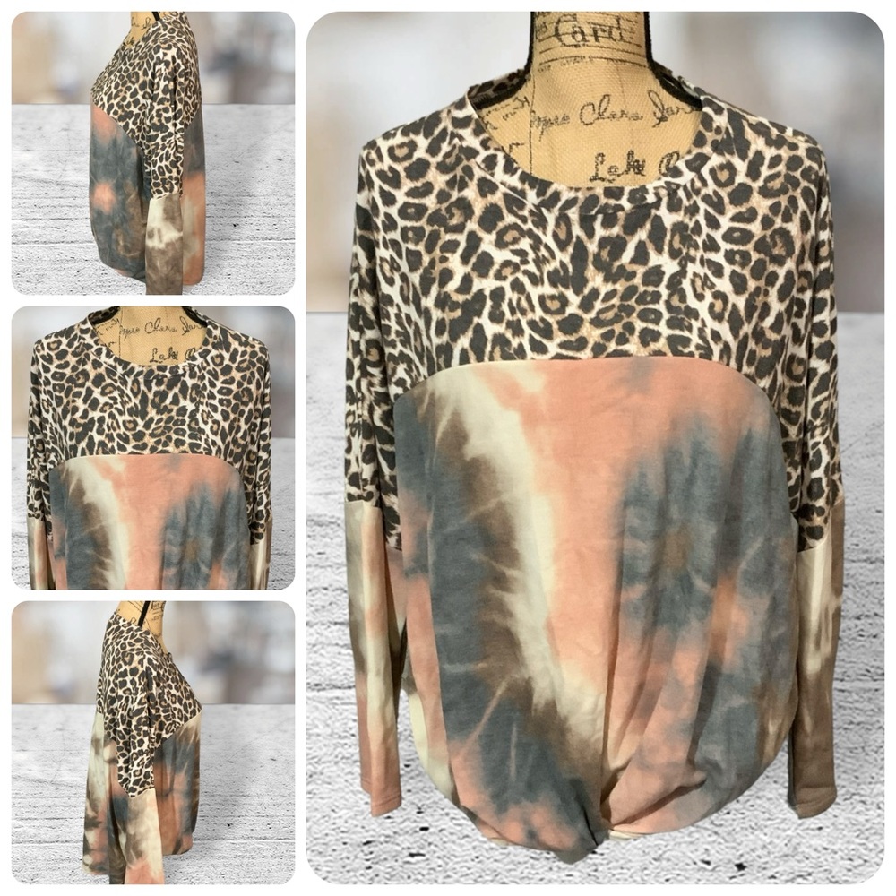 Animal Print Tye Dye Shirt New Mixed Media Long Sleeve Top Size Medium